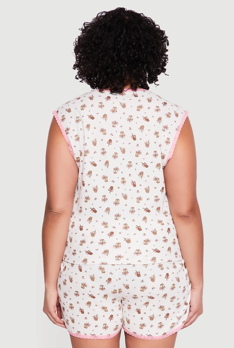 Plus Coffee Print Pajama Top and Shorts Set
