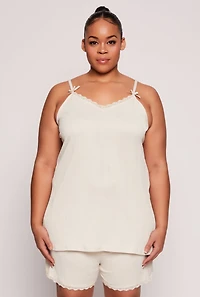 Womens Plus Size Lace Trim Pajama Cami and Shorts, Beige, Size 3X