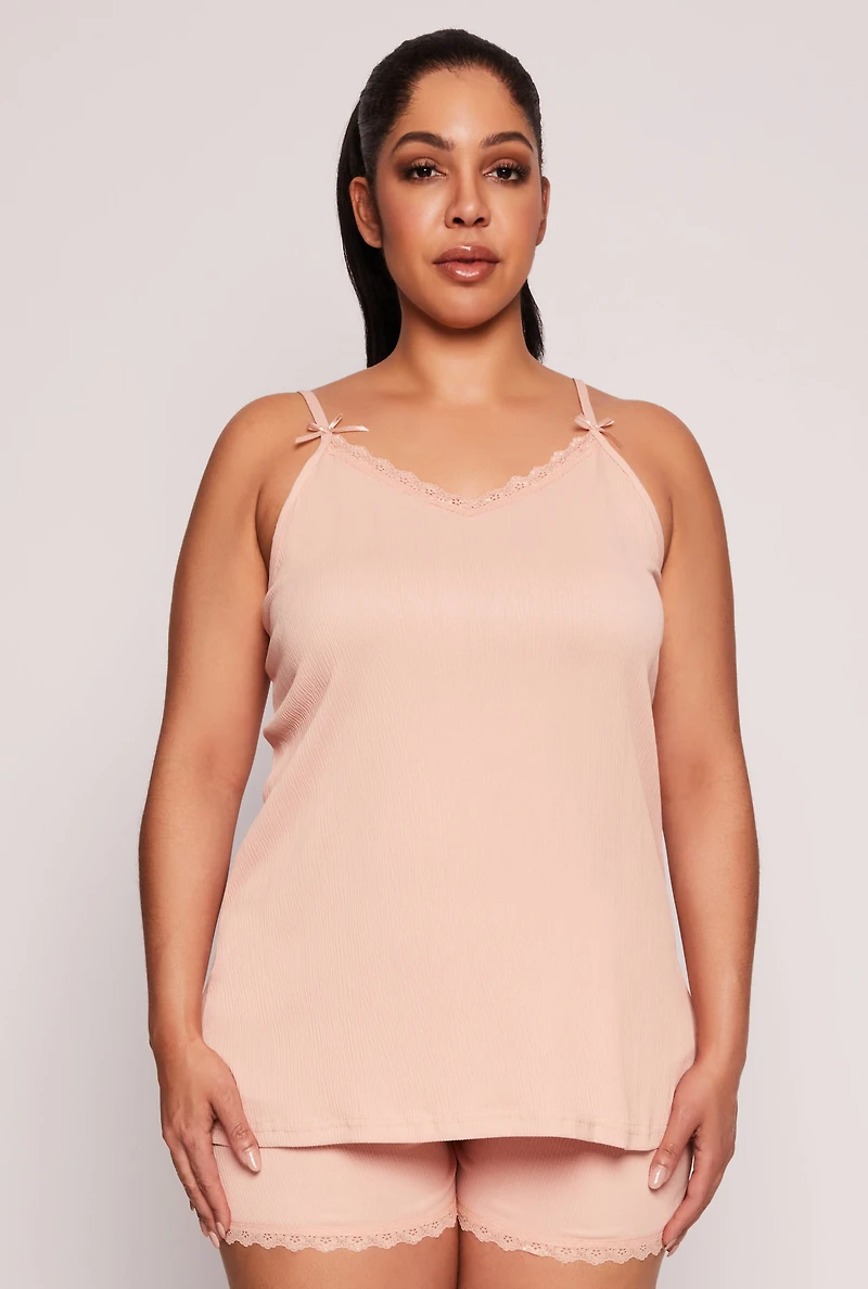 Plus Lace Trim Pajama Cami and Shorts