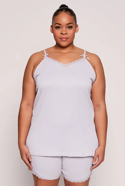 Womens Plus Size Lace Trim Pajama Cami and Shorts, Purple, Size 1X