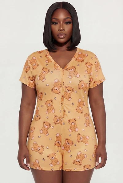 Plus Cuddle Buddy Teddy Bear Print Pajama Romper