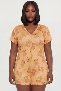 Plus Cuddle Buddy Teddy Bear Print Pajama Romper