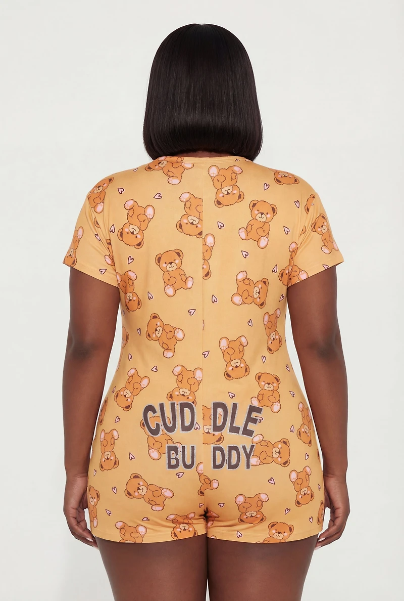Plus Cuddle Buddy Teddy Bear Print Pajama Romper