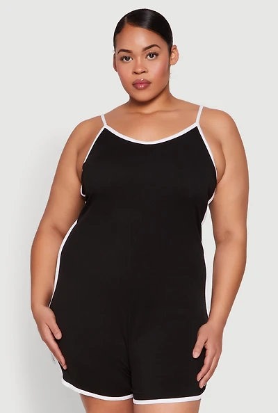 Womens Plus Contrast Trim Cami Pajama Romper, 1X