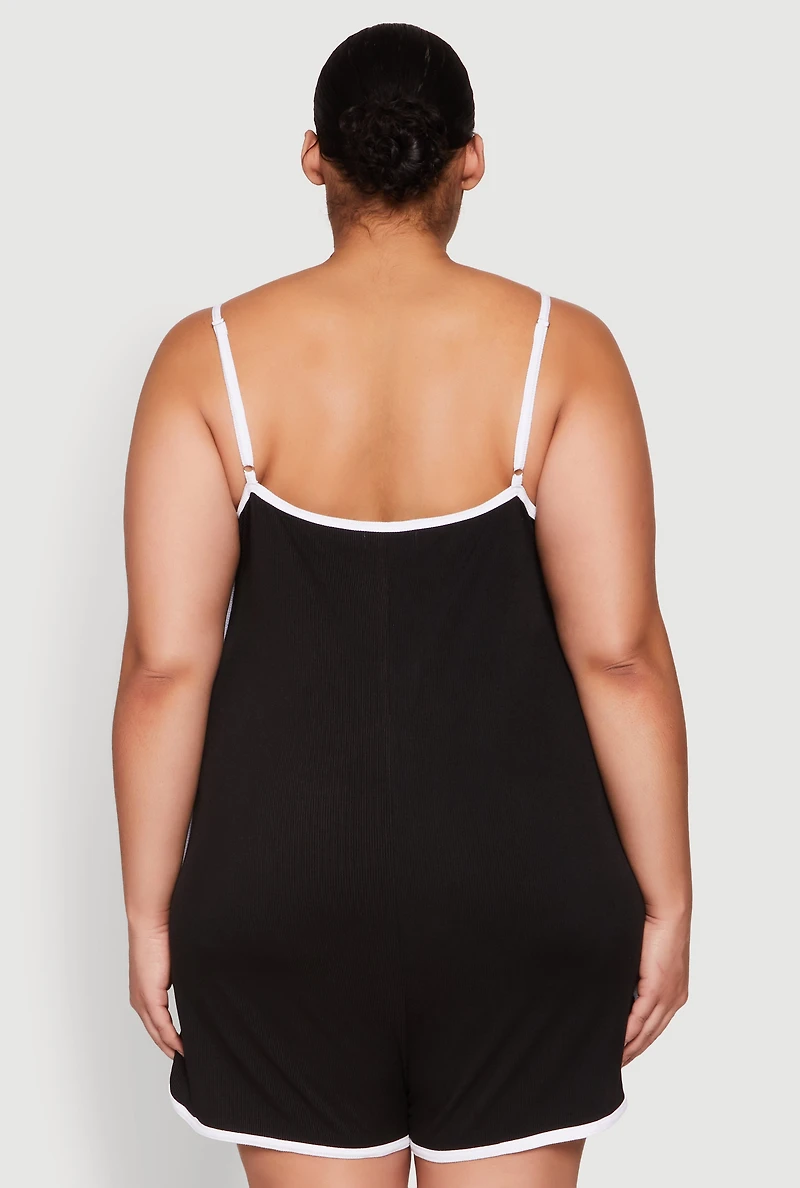 Womens Plus Contrast Trim Cami Pajama Romper, 1X