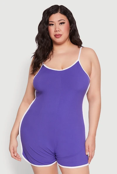 Womens Plus Size Contrast Trim Cami Pajama Romper, Purple, Size 1X