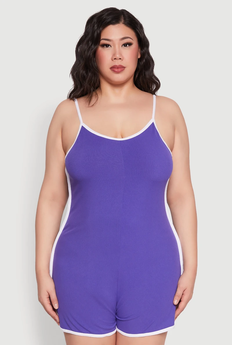 Womens Plus Size Contrast Trim Cami Pajama Romper, Purple, Size 2X