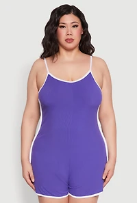 Womens Plus Size Contrast Trim Cami Pajama Romper, Purple, Size 2X
