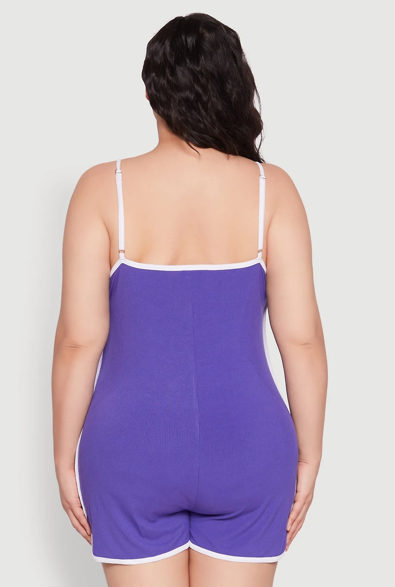 Womens Plus Size Contrast Trim Cami Pajama Romper, Purple, Size 1X