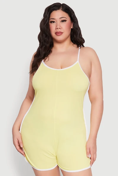 Womens Plus Size Contrast Trim Cami Pajama Romper, Yellow, Size 3X