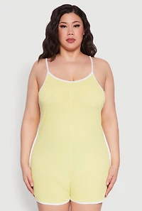 Womens Plus Size Contrast Trim Cami Pajama Romper, Yellow, Size 3X