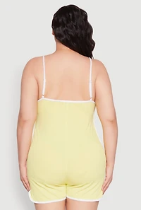 Womens Plus Size Contrast Trim Cami Pajama Romper, Yellow, Size 3X