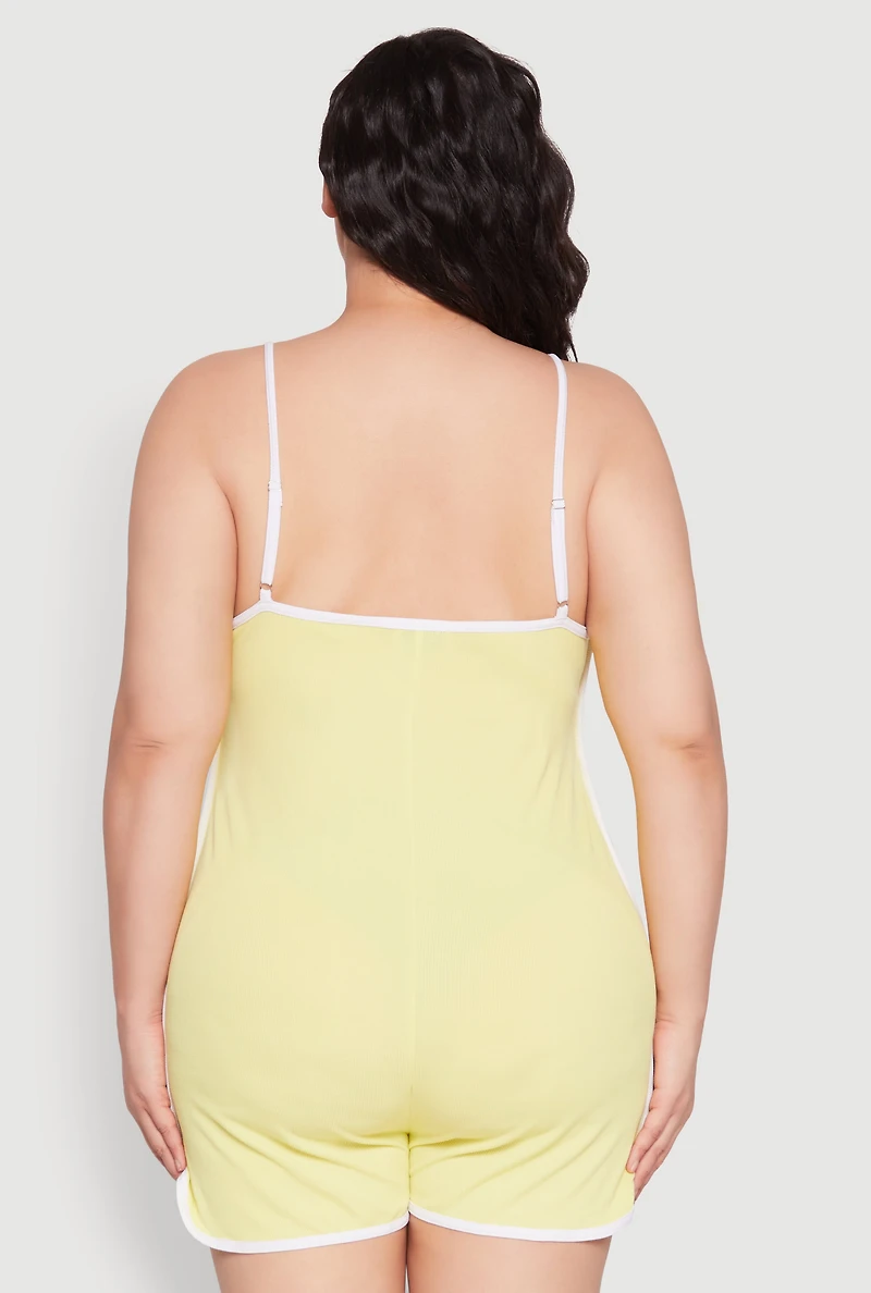 Womens Plus Size Contrast Trim Cami Pajama Romper, Yellow, Size 2X
