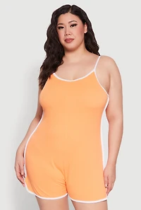 Womens Plus Size Contrast Trim Cami Pajama Romper, Orange, Size 3X