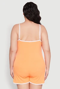 Womens Plus Size Contrast Trim Cami Pajama Romper, Orange, Size 3X