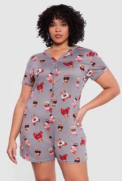 Plus Teddy Bear Print Pajama Romper