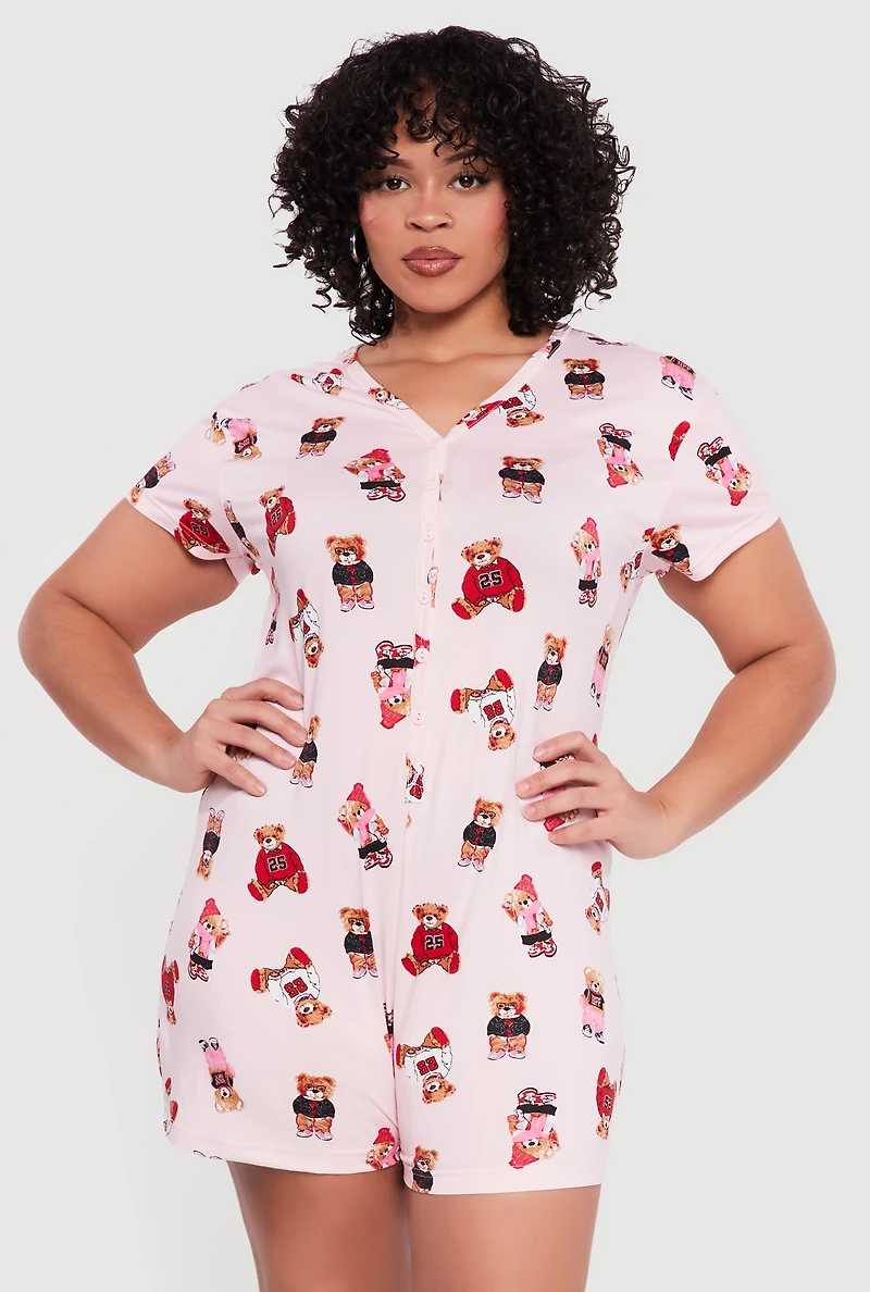 Plus Teddy Bear Print Pajama Romper