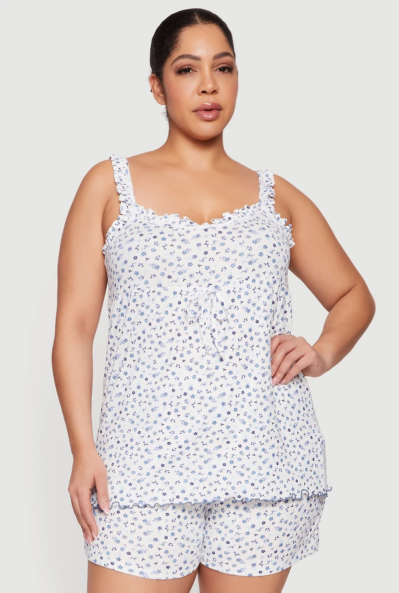 Plus Floral Ruffle Trim Pajama Cami and Shorts Set