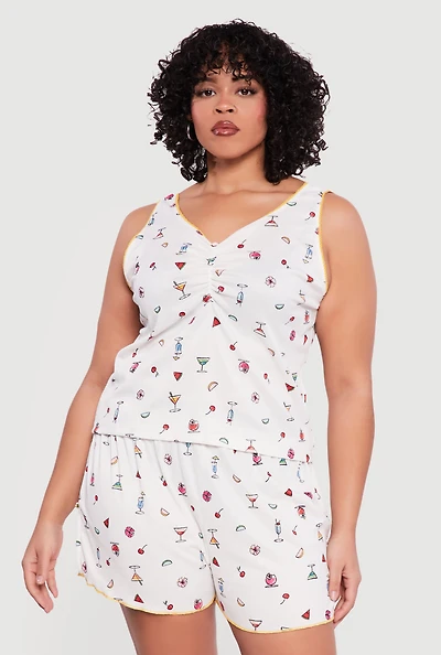 Plus Martini Print Ruched Pajama Top and Shorts Set