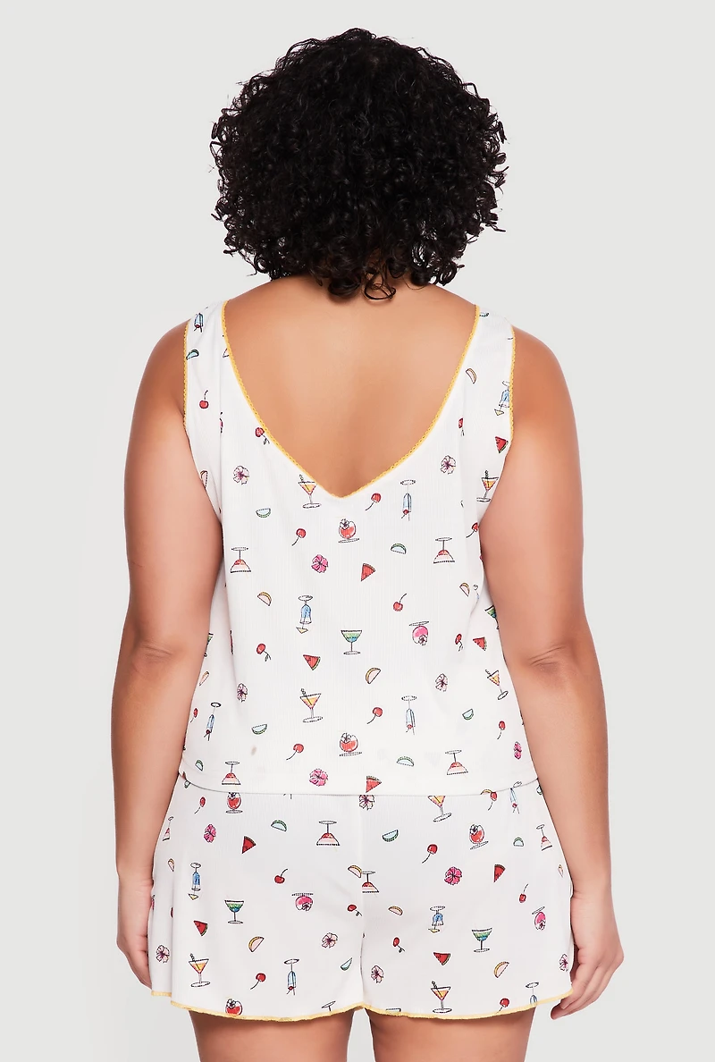 Plus Martini Print Ruched Pajama Top and Shorts Set