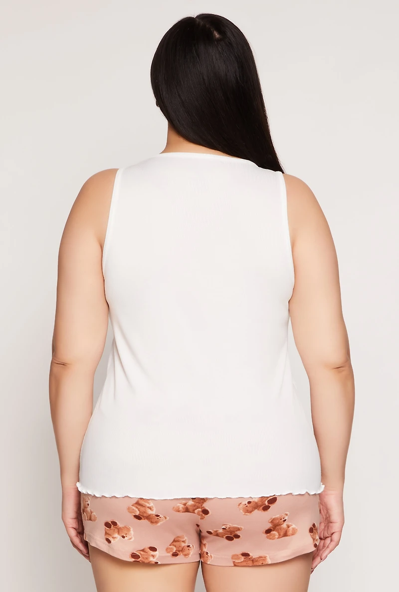 Womens Plus Size Hopeless Romantic Pajama Tank Top and Shorts, White, Size 2X