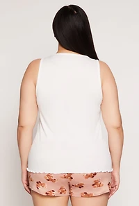 Womens Plus Size Hopeless Romantic Pajama Tank Top and Shorts, White, Size 2X