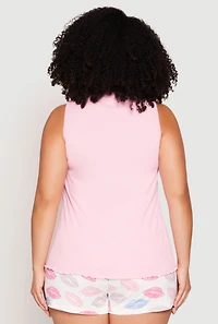 Womens Plus Size Graphic Pajama Tank Top and Lip Print Shorts, Pink, Size 1X