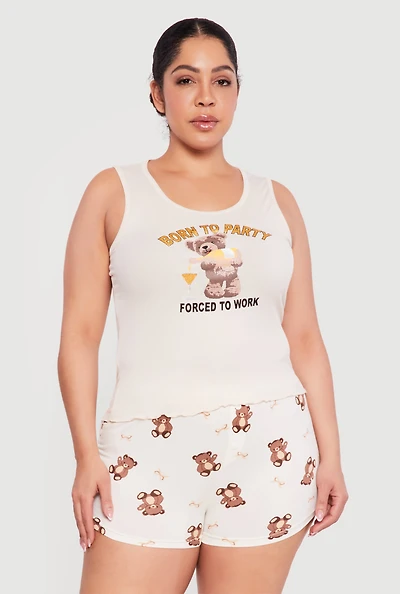 Plus Born To Party Graphic Pajama Tank Top and Shorts