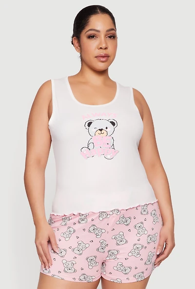 Plus Always Be Happy Graphic Pajama Tank Top and Shorts