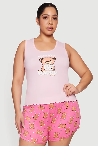 Plus Always Be Happy Graphic Pajama Tank Top and Shorts
