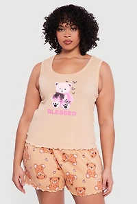 Plus Blessed Teddy Graphic Pajama Top and Shorts Set