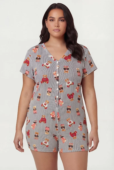 Plus Cute Striped Bear Print Pajama Romper