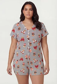 Plus Cute Striped Bear Print Pajama Romper