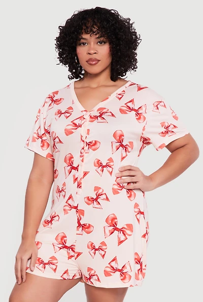 Plus Bow Print Pajama Romper