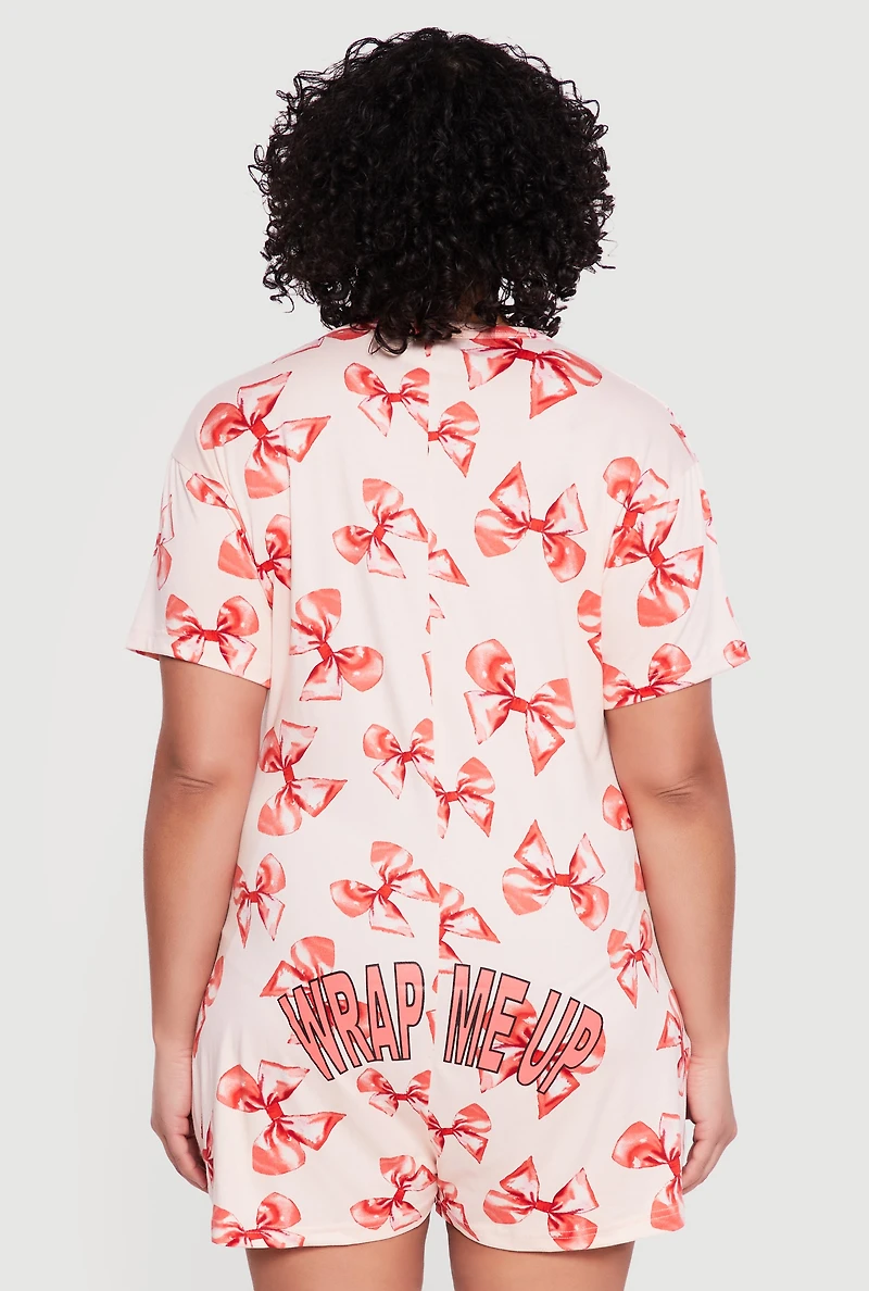 Plus Bow Print Pajama Romper
