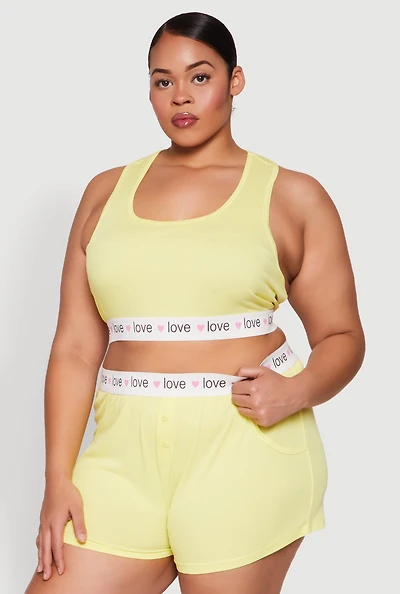 Womens Plus Size Love Trim Pajama Tank Top and Shorts, Yellow, Size 1X