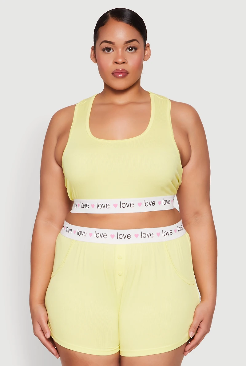 Womens Plus Size Love Trim Pajama Tank Top and Shorts, Yellow, Size 3X
