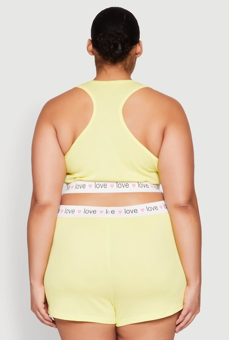 Womens Plus Size Love Trim Pajama Tank Top and Shorts, Yellow, Size 3X