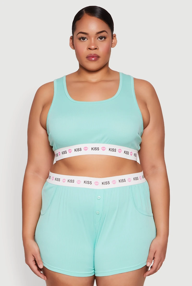 Womens Plus Size Kiss Trim Pajama Tank Top and Shorts, Green, Size 2X