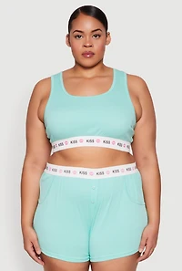Womens Plus Size Kiss Trim Pajama Tank Top and Shorts, Green, Size 2X