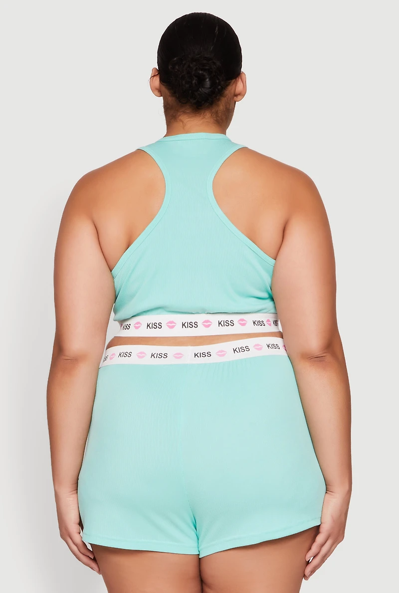 Womens Plus Size Kiss Trim Pajama Tank Top and Shorts, Green, Size 3X