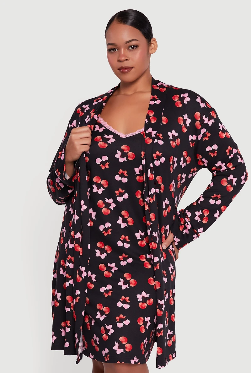 Womens Plus Size Heart Cherry Print Robe and Cami Nightgown, Black, Size 2X