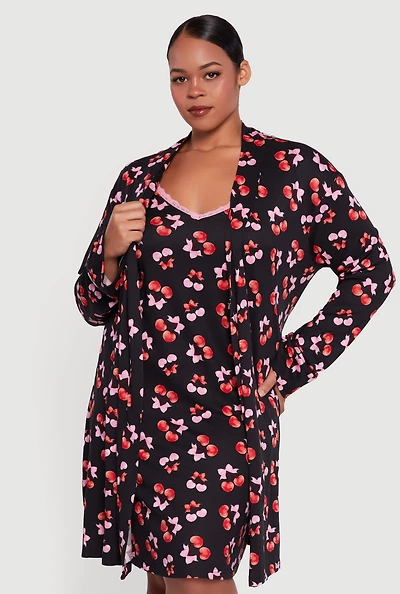 Womens Plus Size Heart Cherry Print Robe and Cami Nightgown, Black, Size 2X