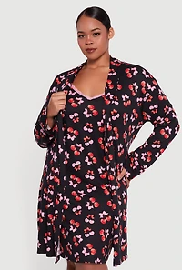Womens Plus Size Heart Cherry Print Robe and Cami Nightgown, Black, Size 2X