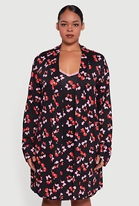 Womens Plus Size Heart Cherry Print Robe and Cami Nightgown, Black, Size 2X