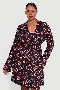 Womens Plus Size Heart Cherry Print Robe and Cami Nightgown, Black, Size 2X