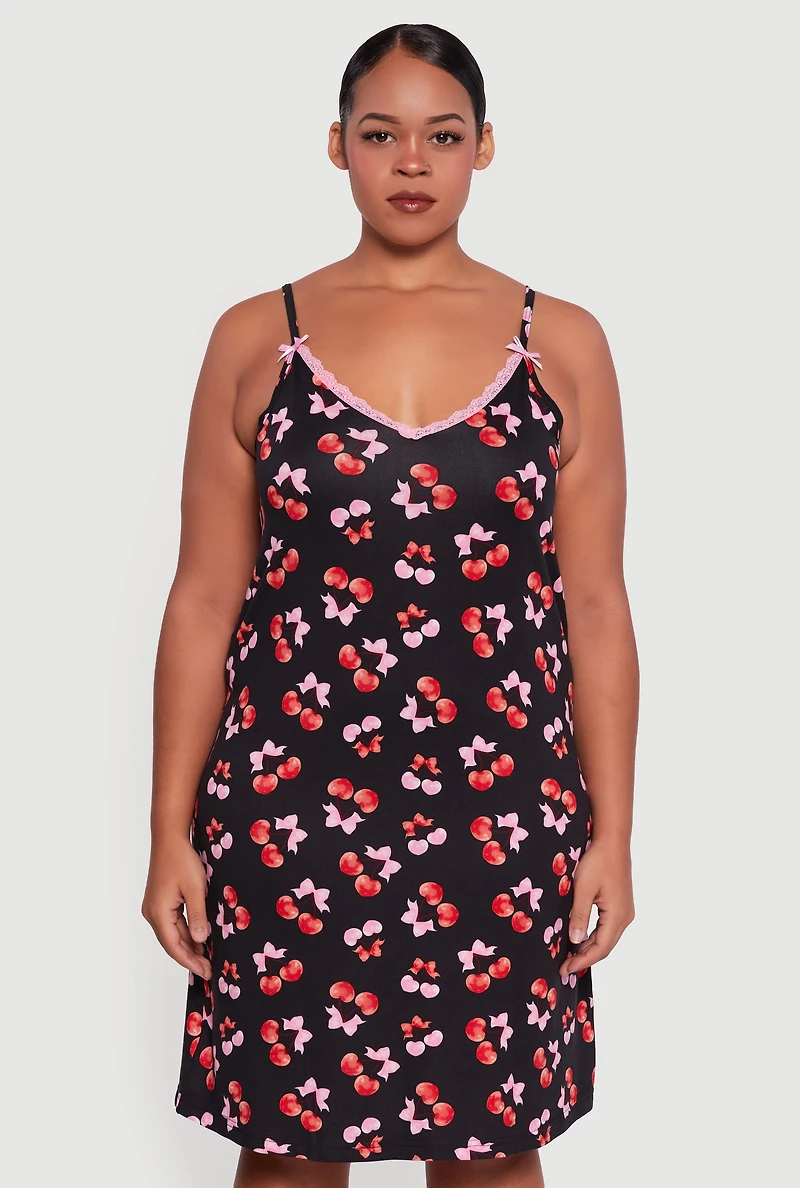 Womens Plus Size Heart Cherry Print Robe and Cami Nightgown, Black, Size 2X