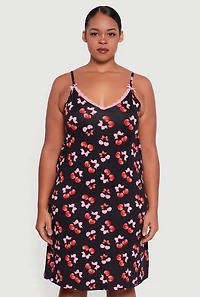 Womens Plus Size Heart Cherry Print Robe and Cami Nightgown, Black, Size 2X