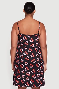 Womens Plus Size Heart Cherry Print Robe and Cami Nightgown, Black, Size 2X