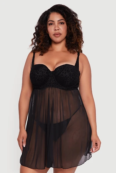 Plus Velvet Burnout Leopard Print Padded Bra Babydoll and G String